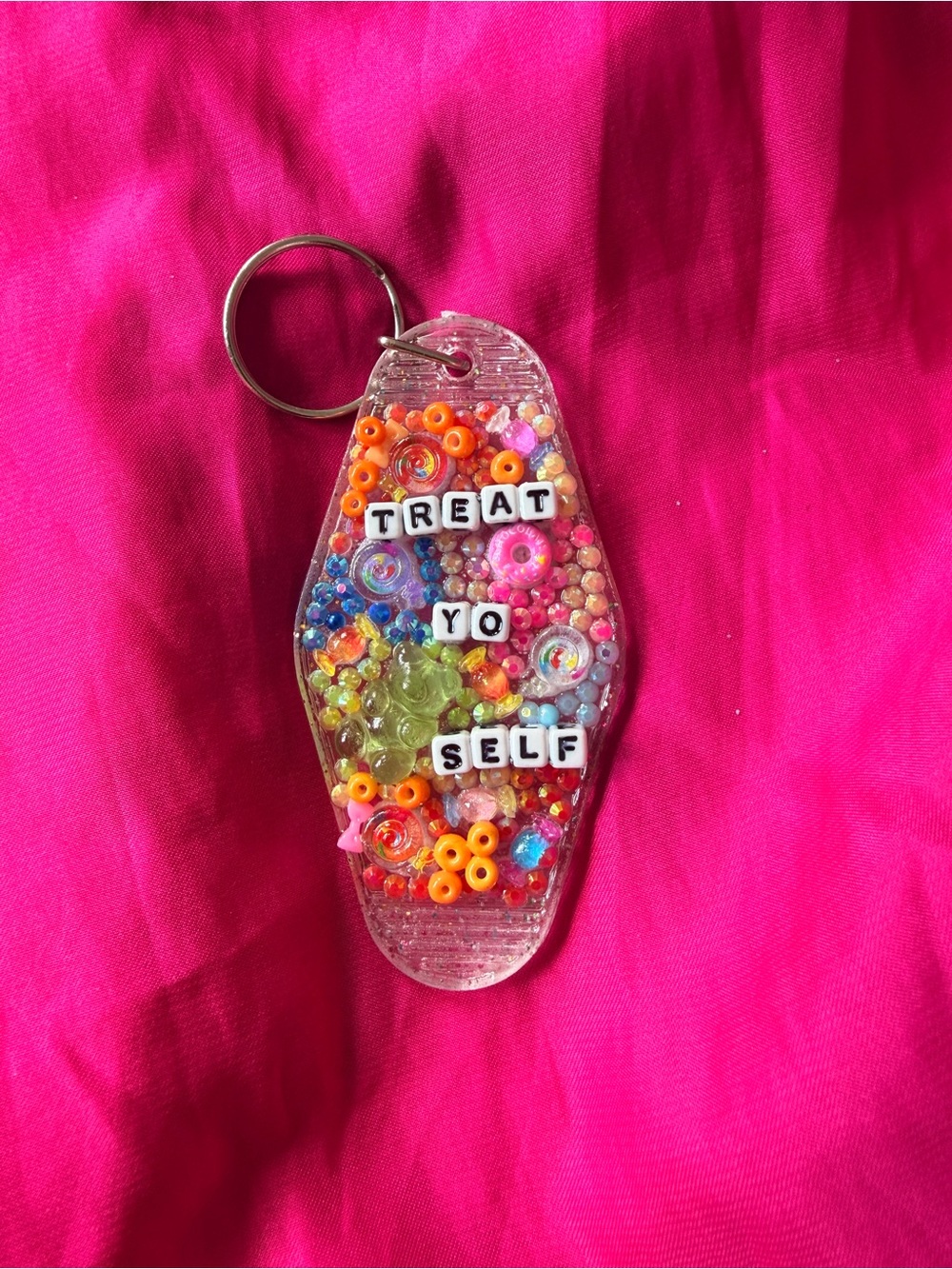 Treat Yo Self Pink Beaded Keychain